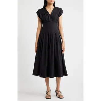 Anne Klein Pleated Waist Stretch Cotton Midi Dress in Anne Black at Nordstrom, Size 14