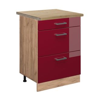 Vicco Mueble Bajo De Cocina R-line, Rojo Burdeos Alto Brillo, 60 Cm Con Cajones, Et Roble Vicco