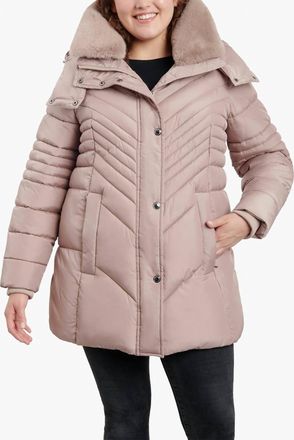 London Fog Plus Size Zip-Front Hooded Puffer Jacket With Button-Off Fur Collar In Rosewood