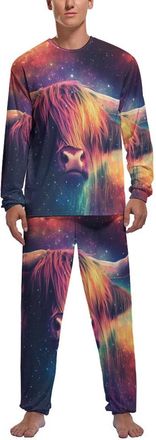 Generic Highland Cow in G-alaxy Mens Pajamas Set Soft Pjs Sets Long Sleeve Sleepwear Shirts Leisure Lounge Pants Gift for Home