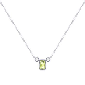 LuvMyJewelry Emerald Cut Peridot & Diamond 14K Gold Birthstone Necklace