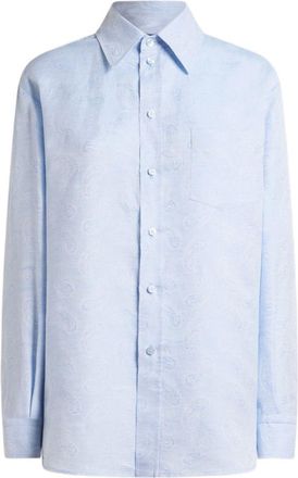 Etro Light Blue Shirt In Linen And Cotton With Print