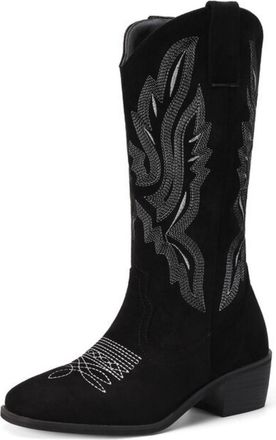 Generic Womens Mid Block Heel Country Boots Round Toe Faux Suede Mid-Calf Boots Pull on Western Cowboy Boot with Embroidery Stitched,Black,5.5 UK