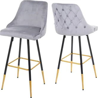 Hhg Hhg - Nunca Usado] Juego De 2 Taburetes De Bar 665, Taburete De Bar Taburete De Barra, Dise&ntilde;o Retro Puntales/pies De Terciopelo Dorado, Gris