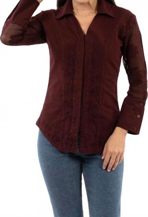Scully Embroidered Blouse With Mesh Sleeves In Bourbon