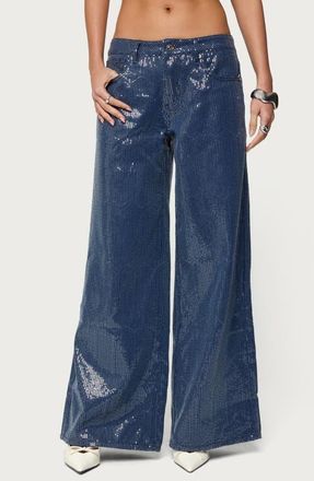 Edikted Mirella Sequin Wide Leg Jeans in Dark-Blue at Nordstrom, Size X-Small