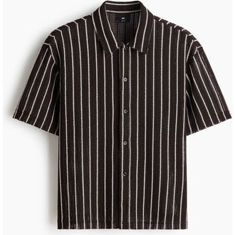 H&M Regular Fit Textured-knit Shirt in Dark Brown/striped at Nordstrom, Size Xx-Large