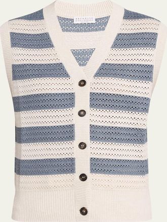 Brunello Cucinelli Sparkling Striped Crochet Knit Vest