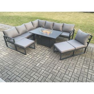 Fimous Aluminium Lounge Corner Sofa Outdoor Garden Furniture Sets Gas Fire Pit Dining Table Set with 2 Big Footstools Dark Grey - Fimous