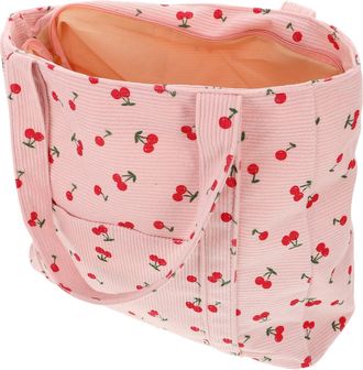 Supvox Large Corduroy Tote Bag for Women Cherry Print, Zipper Closure, Spacious Single Shoulder Work and Shopping Bag, Portable Outdoor Carry Tote in Pink