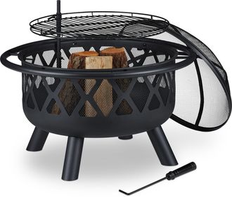 Relaxdays Relaxdays - Brasero Exterior Con Parrilla, Protector Antichispas Y Atizador, Estufa Jard&iacute;n Y Terraza, 75 Cm, Acero, Negro