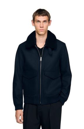 Sandro Wool aviator jacket with shearling in Navy Blue at Nordstrom, Size Xx-Large
