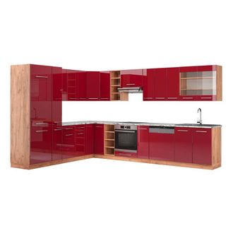 Vicco Cocina Esquinera Fame-line, Burdeos Brillo Intenso/roble Dorado, 347 X 257 Cm, Et M&aacute;rmol