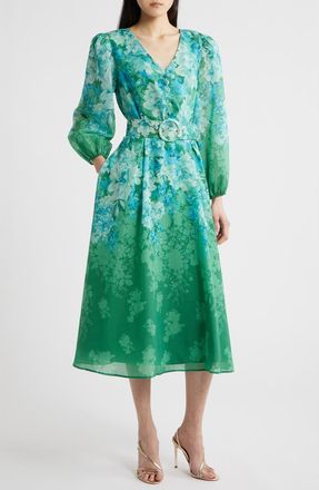 Tahari by ASL Floral Belted Long Sleeve Dress in Green at Nordstrom, Size 12