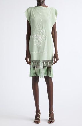 Conner Ives Piano Shawl Floral Embroidered Fringe Silk Minidress in Green at Nordstrom, Size Medium