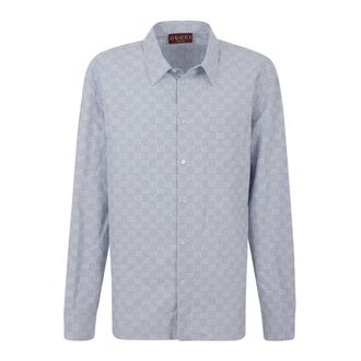Gucci Overhemden, Heren, Blauw, L, Katoen, Gestreept GG Katoen Jacquard Overhemd