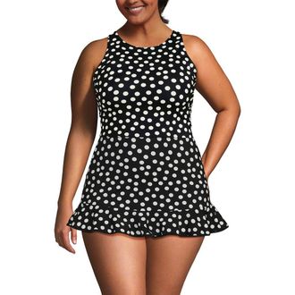 Lands End Plus Size High Neck Racerback Midkini Top in Black/egret White Tossed Dots at Nordstrom, Size 24W
