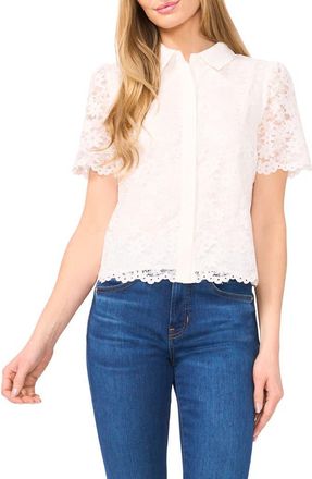 CeCe by Cynthia Steffe Floral Lace Short Sleeve Button-Up Shirt in New Ivory at Nordstrom, Size X-Small