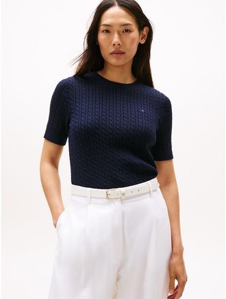 Tommy Hilfiger Womens Short-Sleeve Cable Knit Sweater - Navy - XXS