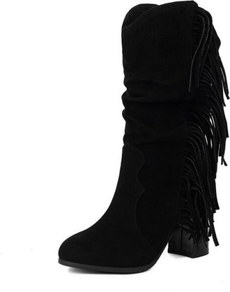 Generic Womens Pull on Slouch Mid-Calf Boots Block Heel Western Cowboy Boots Round Toe Wide-Calf Boot with Tassel,Black,6.5 UK