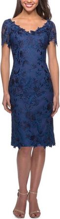 La Femme Short Sleeve Knee Length Lace Dress with V-Neck in Navy at Nordstrom, Size 12