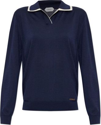 Versace Wool Knit Polo Sweater - Dames - V-hals truien - Blauw - XS - Wol - Truien & Vesten