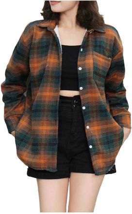 Generic Womens Plaid Fleece Lined Jacket - Flannel Sherpa Shacket, Checkered Lightweight Coat, Winter Warm Fuzzy Cozy Shirts, Loose Fit Long Sleeve Button Dow