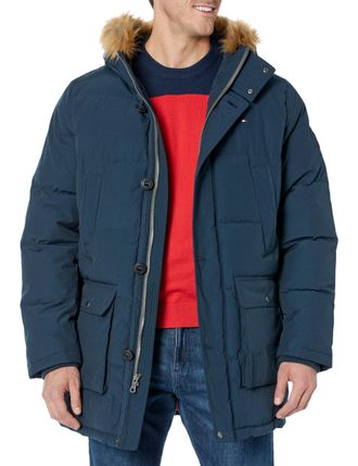 Tommy Hilfiger Mens Arctic Cloth Heavyweight Performance Parka Down Alternative Outerwear Coat, Navy, Small