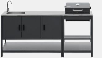 Sweeek Cocina Exterior 2 M&oacute;dulos Acero Inoxidable Barbacoa De Carb&oacute;n Con Fregadero