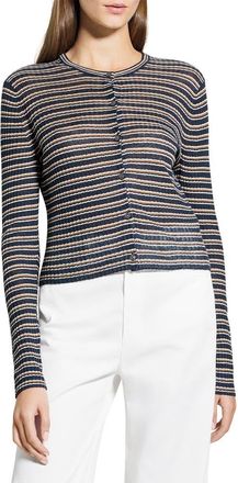 Theory Stripe Crop Linen Blend Cardigan in Nocturne Blue Multi at Nordstrom, Size Medium