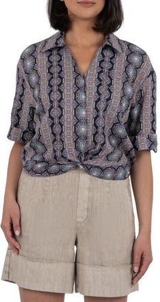 Kut from the Kloth Rebel Printed Knot Front Linen Blend Top in Albi Stripe Navy Burnt Orange at Nordstrom Rack, Size X-Small