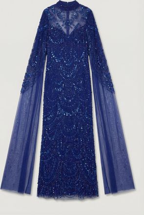 Karen Millen Womens Premium Beaded Embellished Woven Midaxi Cape Dress - Blue - Size 16 UK