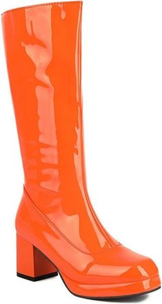 Generic Womens Fashion Square Toe Knee High Boots Patent PU Leather Chunky Platform Winter Dress Shoes for Casual and Party (Orange,7.5)