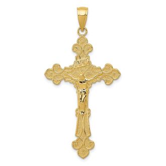 Diamond2Deal 14k Yellow Gold Polished Textured INRI Crucifix Fleur de Lis Pendant