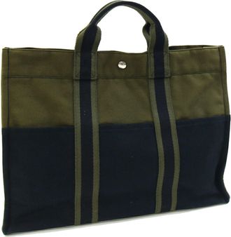 Herm&egrave;s Green Navy Olive Cotton Canvas Handbag Tote Bag (Pre-Owned)