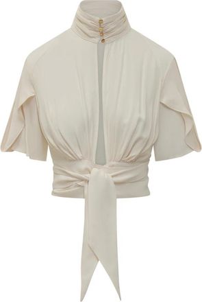 Elisabetta Franchi Blouse met hoge hals en ruches - Dames - Blouses - Beige - XL - Overhemden