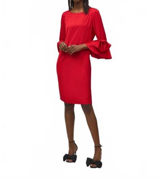 Joseph Ribkoff Satin Ruffle Sleeve Straight Dress In Lipstick Red