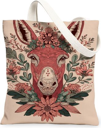 Generic Floral Donkey Canvas Tote Bags, Vintage Animal Design Reusable Grocery Bags, Lightweight Washable Shoulder Strap Canvas for, Beige, 13x15 Inch