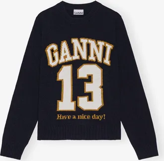 Ganni Navy Dark Blue Graphic Wool Mix Baseball Sweater - Size XXS