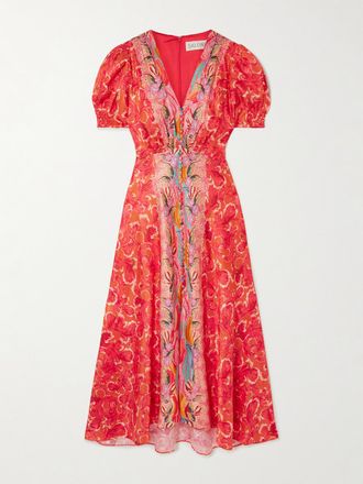 Saloni Abito Midi In Raso Di Seta Stampato Lea - Arancione