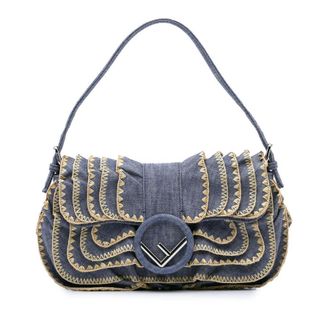 Fendi Pre-owned Fendi Embroidered Denim Ruffled F is Fendi Kan I Baguette Ladies 8BR600 A1LM 188 10429