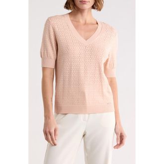 T Tahari V-Neck Mitered Pointelle Sweater in Blush Beige at Nordstrom Rack, Size X-Small