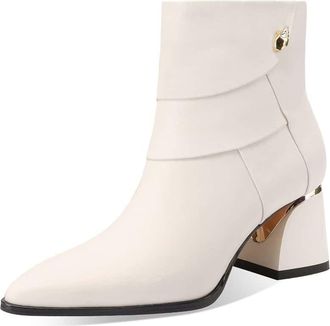 TinaCus Womens Handmade Ankle Boots Genuine Leather Patchwork Pointed Toe Side Zipper Block Heel Short Booties, Beige, 7 UK