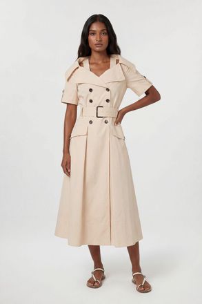 Karen Millen Womens Tailored Cotton Trench Belted Full Skirted Midi Dress - White - Size 14 UK