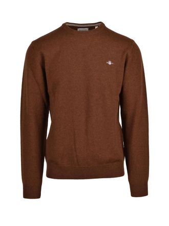 GANT Crewneck Pullover In Rich Brown Wool With Ribbed Details