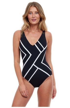 Gottex Mirage V-Neck One Piece Swimsuit in Black White at Nordstrom, Size 16