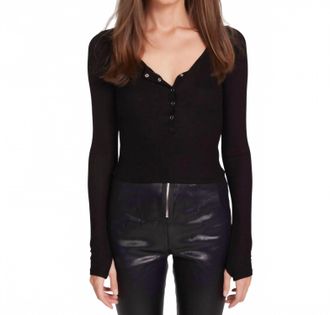 Michael Lauren Reghan Crop Long Sleeve Scoop Neck Henley Top In Black