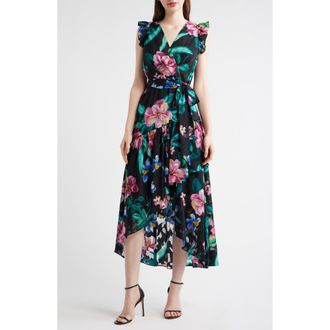 Anne Klein Print Ruffle High-Low Maxi Dress in Anne Black Multi at Nordstrom, Size 14