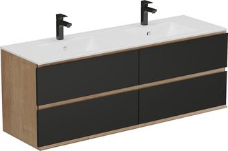 Vente-Unique Mueble de ba&ntilde;o flotante con lavabo de sobreponer - Color natural claro y negro - 150 cm - SABURI