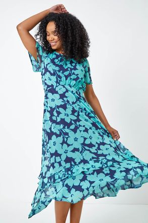 Roman Floral Chiffon Frill Hem Midi Dress